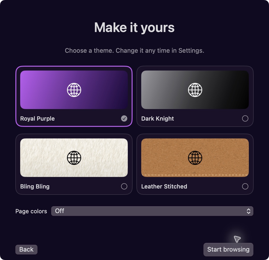 Yamm setup wizard showing Royal Purple, Dark Knight, Bling Bling and Leather Stitched themes